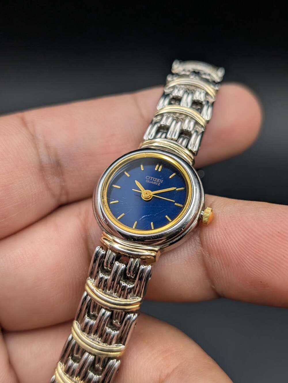 Vintage Citizen Two-Tone Blue Dial Ladies Quartz Watch, Intricate Link Bracelet